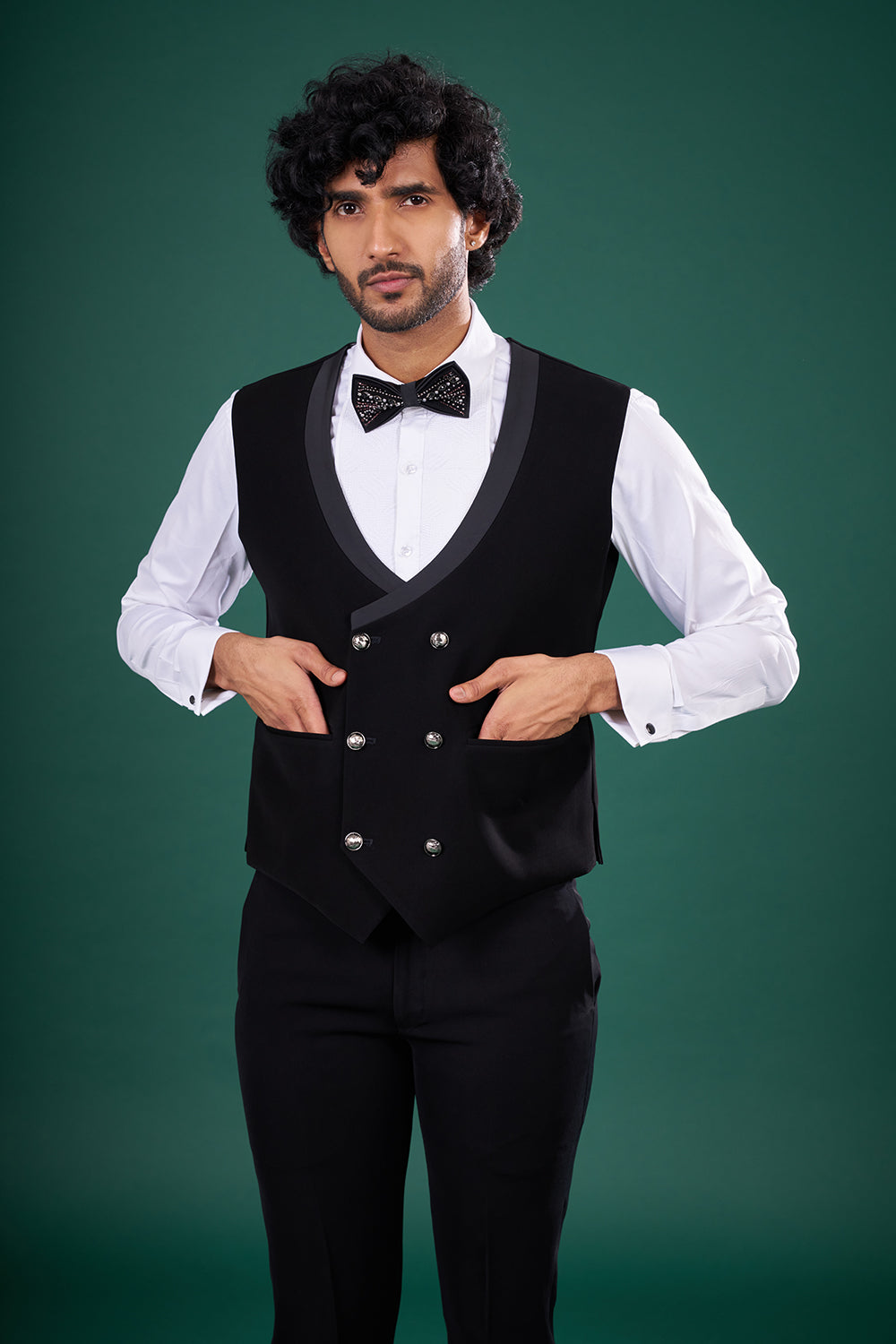 Black Satin Tuxedo Set with Bead Embroidery