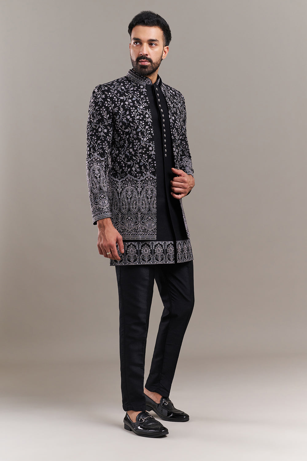 Black Silk Blend Floral Men's Indo-Western Set