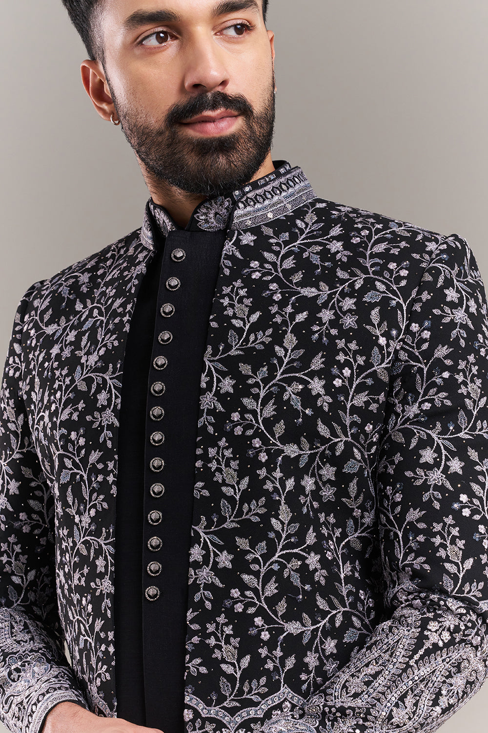 Black Silk Blend Floral Men's Indo-Western Set