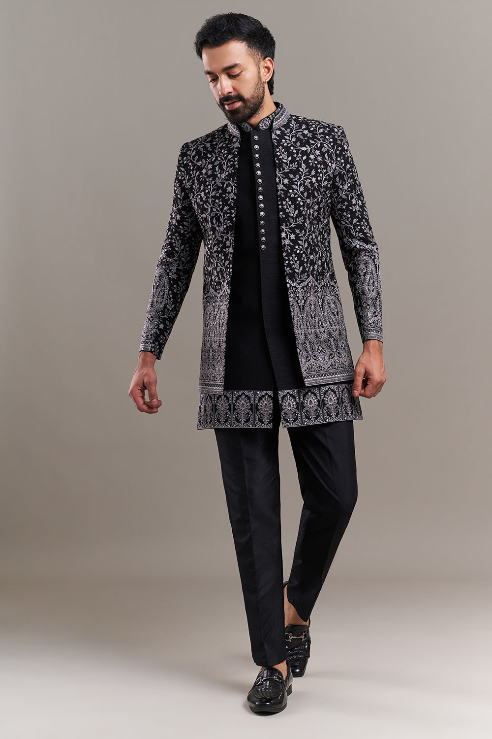 Black Silk Blend Floral Men's Indo-Western Set