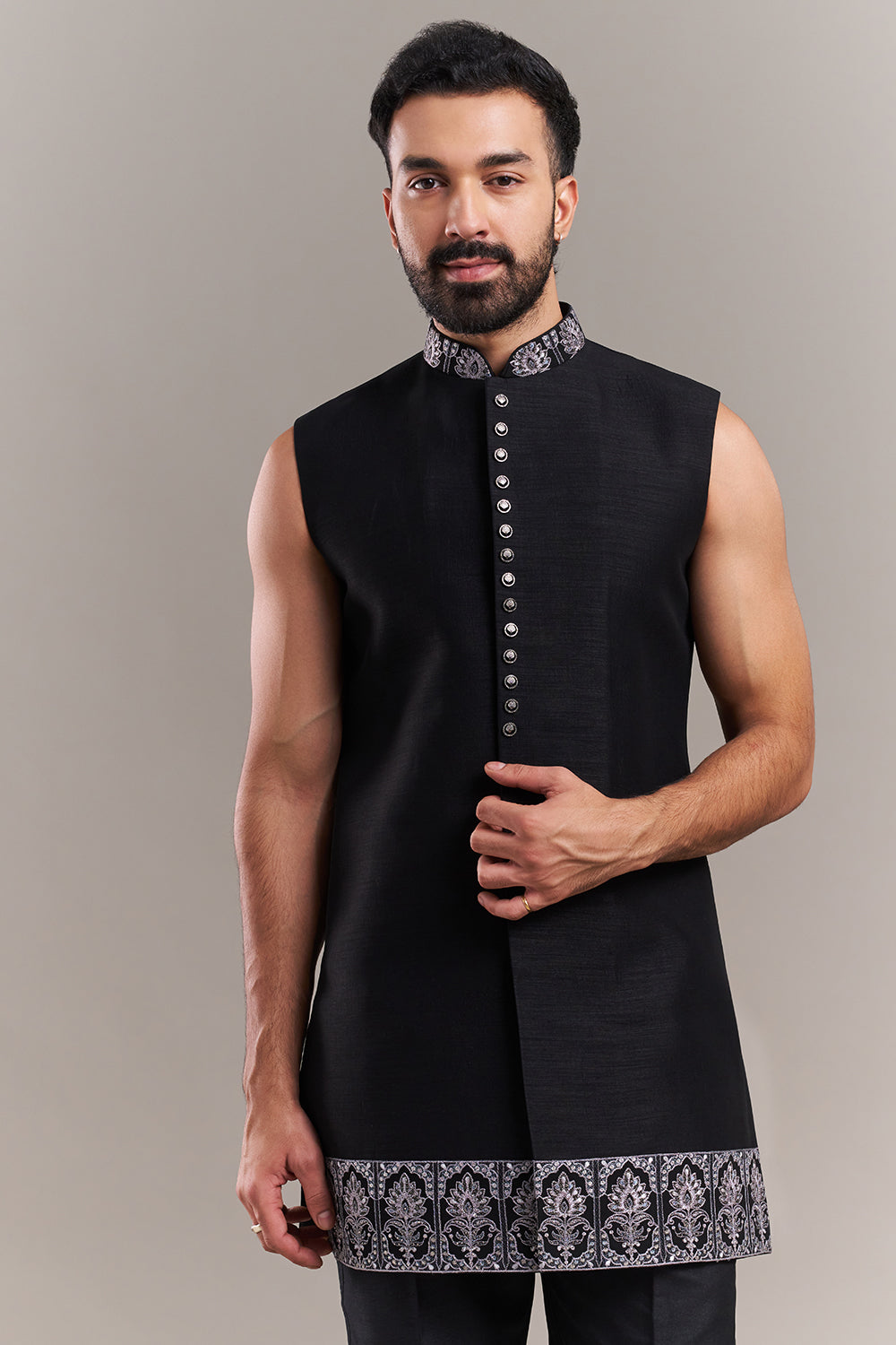 Black Silk Blend Floral Men's Indo-Western Set