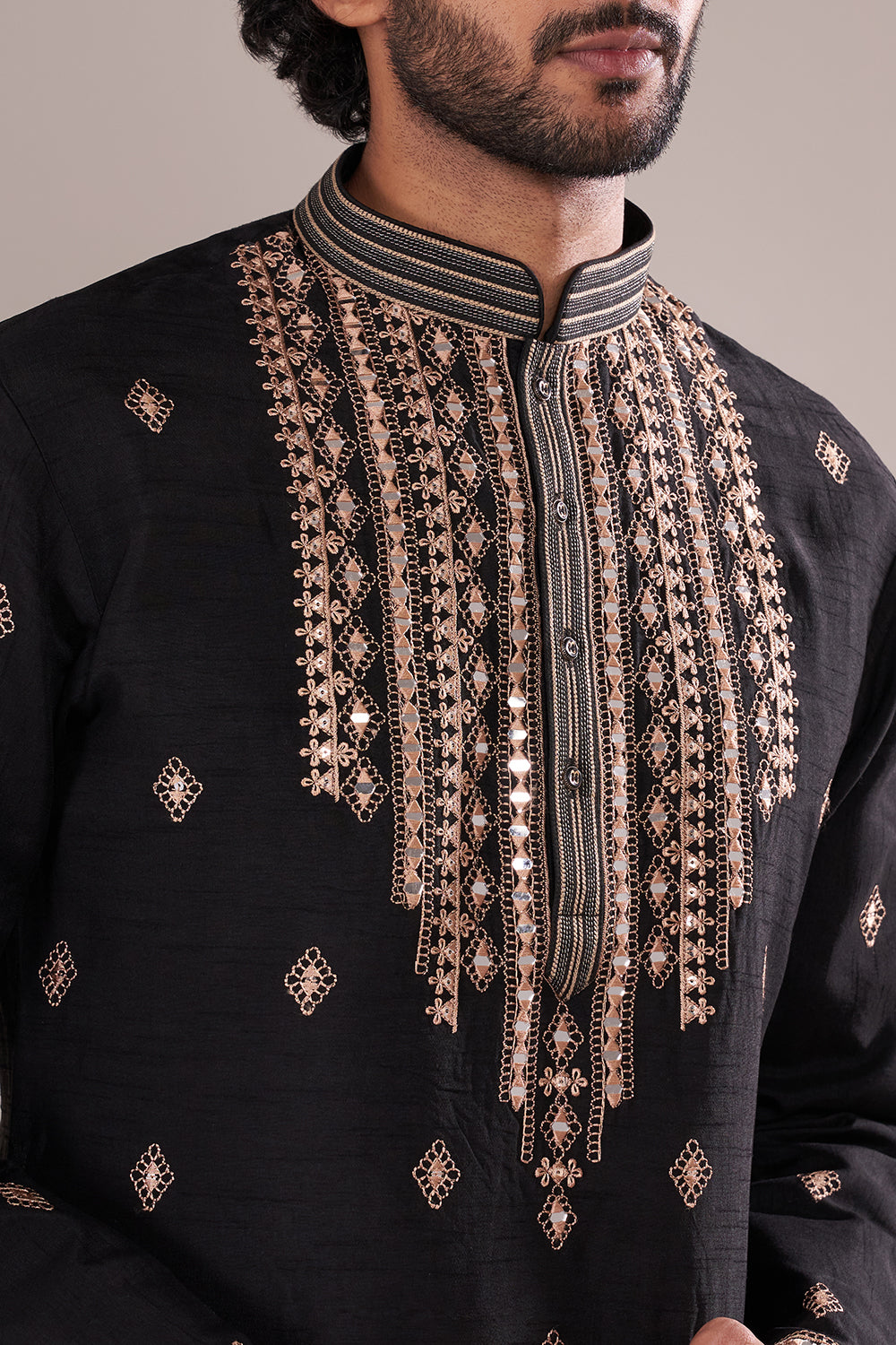 Black Silk Blend Men's Kurta Set with Gold Mirror Work