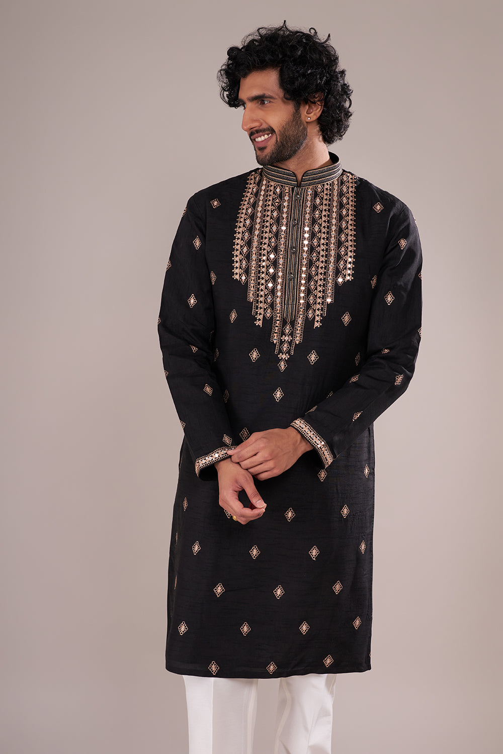 Black Silk Blend Men's Kurta Set with Gold Mirror Work