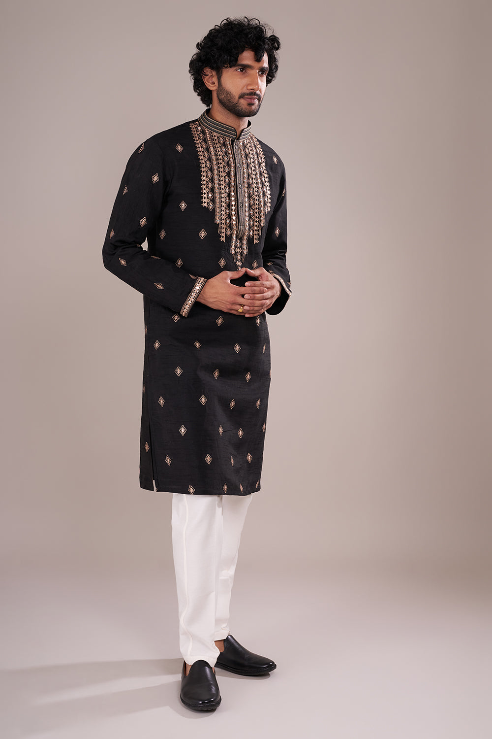 Black Silk Blend Men's Kurta Set with Gold Mirror Work