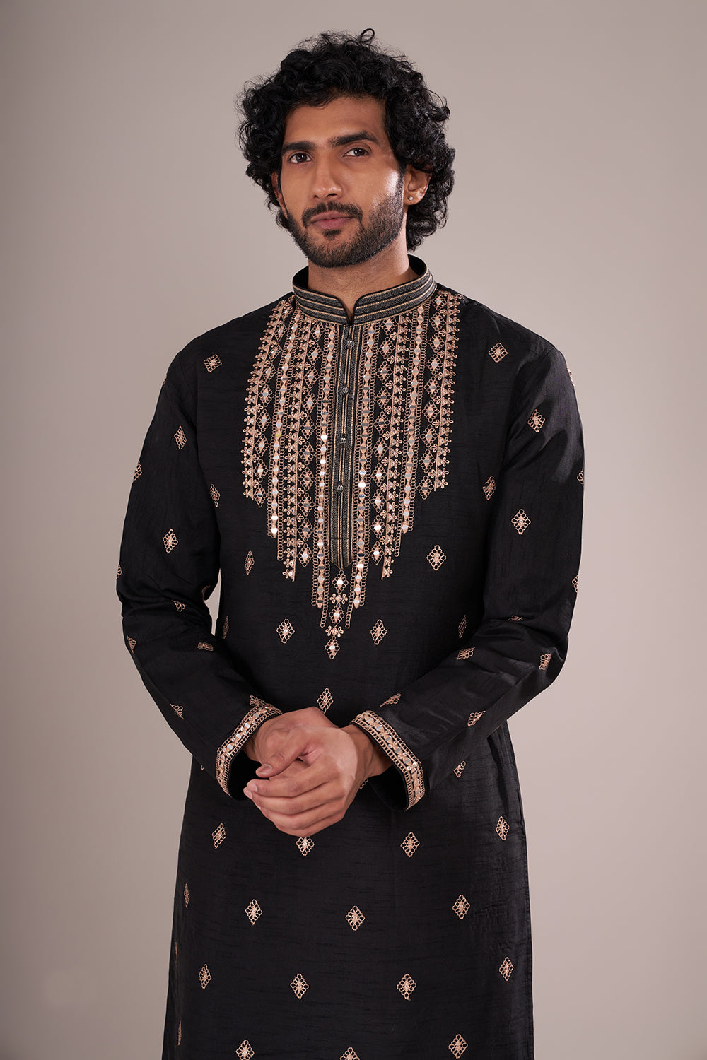 Black Silk Blend Men's Kurta Set with Gold Mirror Work