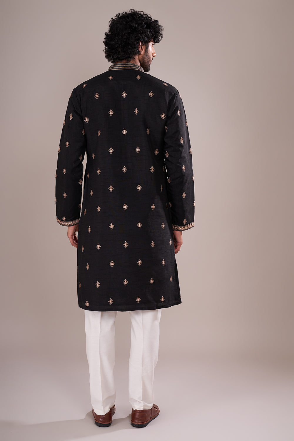 Black Silk Blend Men's Kurta Set with Gold Mirror Work