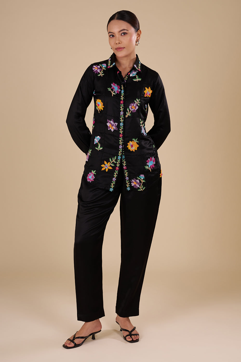 Black Silk Co-ord Set with Multicolor Threadwork
