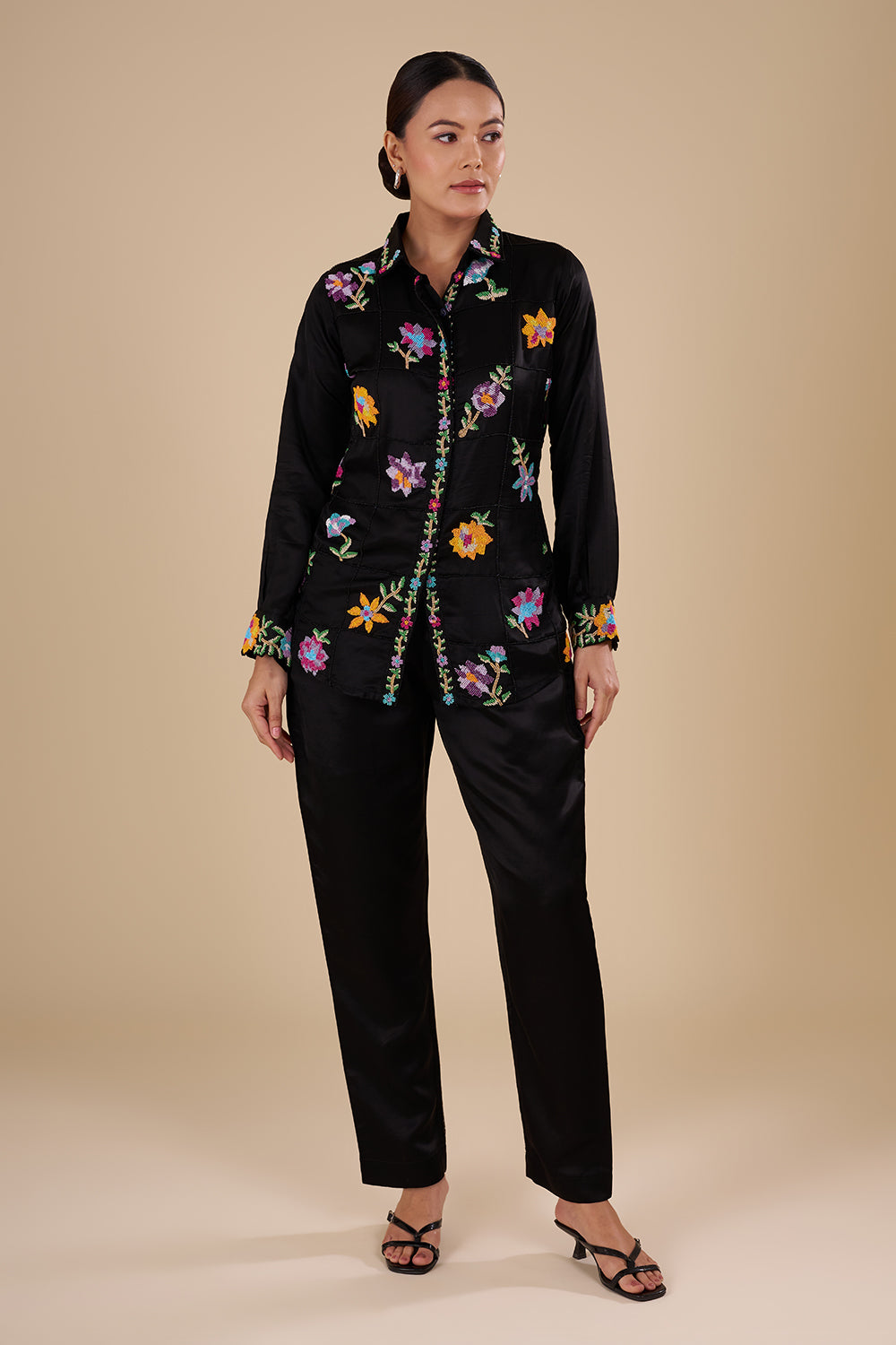 Black Silk Co-ord Set with Multicolor Threadwork