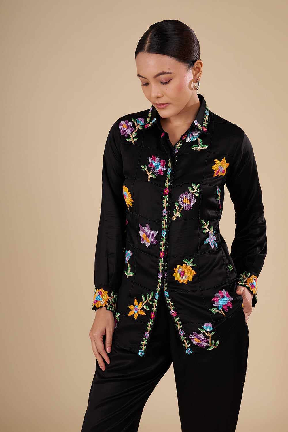Black Silk Co-ord Set with Multicolor Threadwork