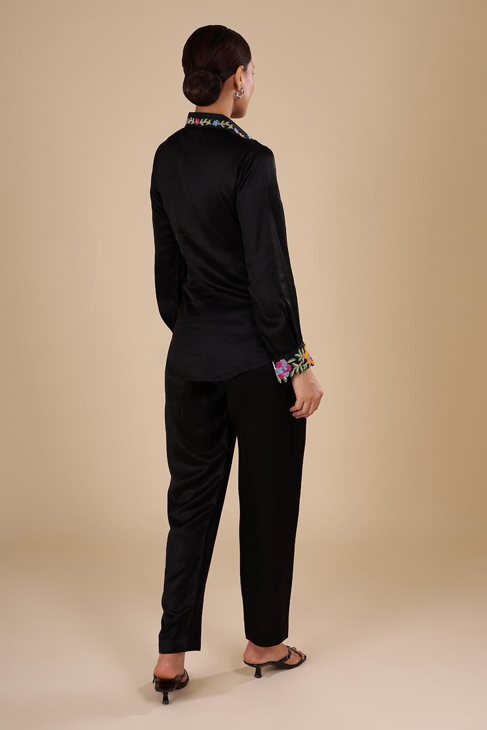 Black Silk Co-ord Set with Multicolor Threadwork