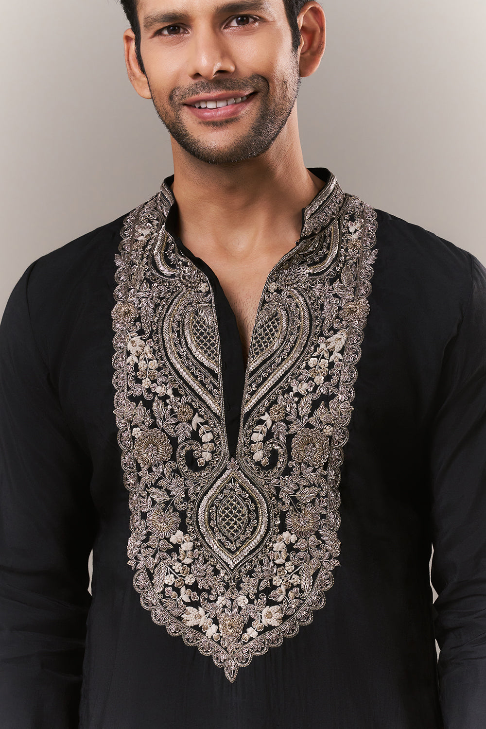 Black Silk Mens Kurta Set with Aari Embroidery