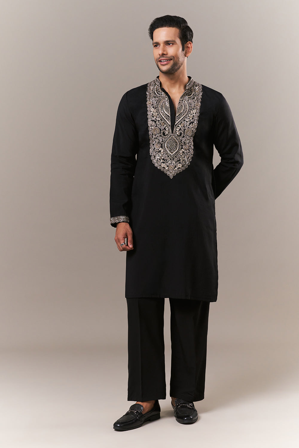 Black Silk Mens Kurta Set with Aari Embroidery
