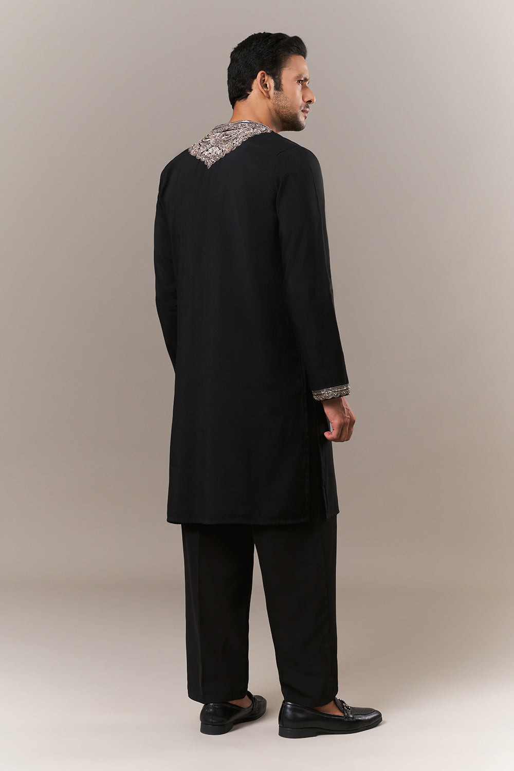 Black Silk Mens Kurta Set with Aari Embroidery