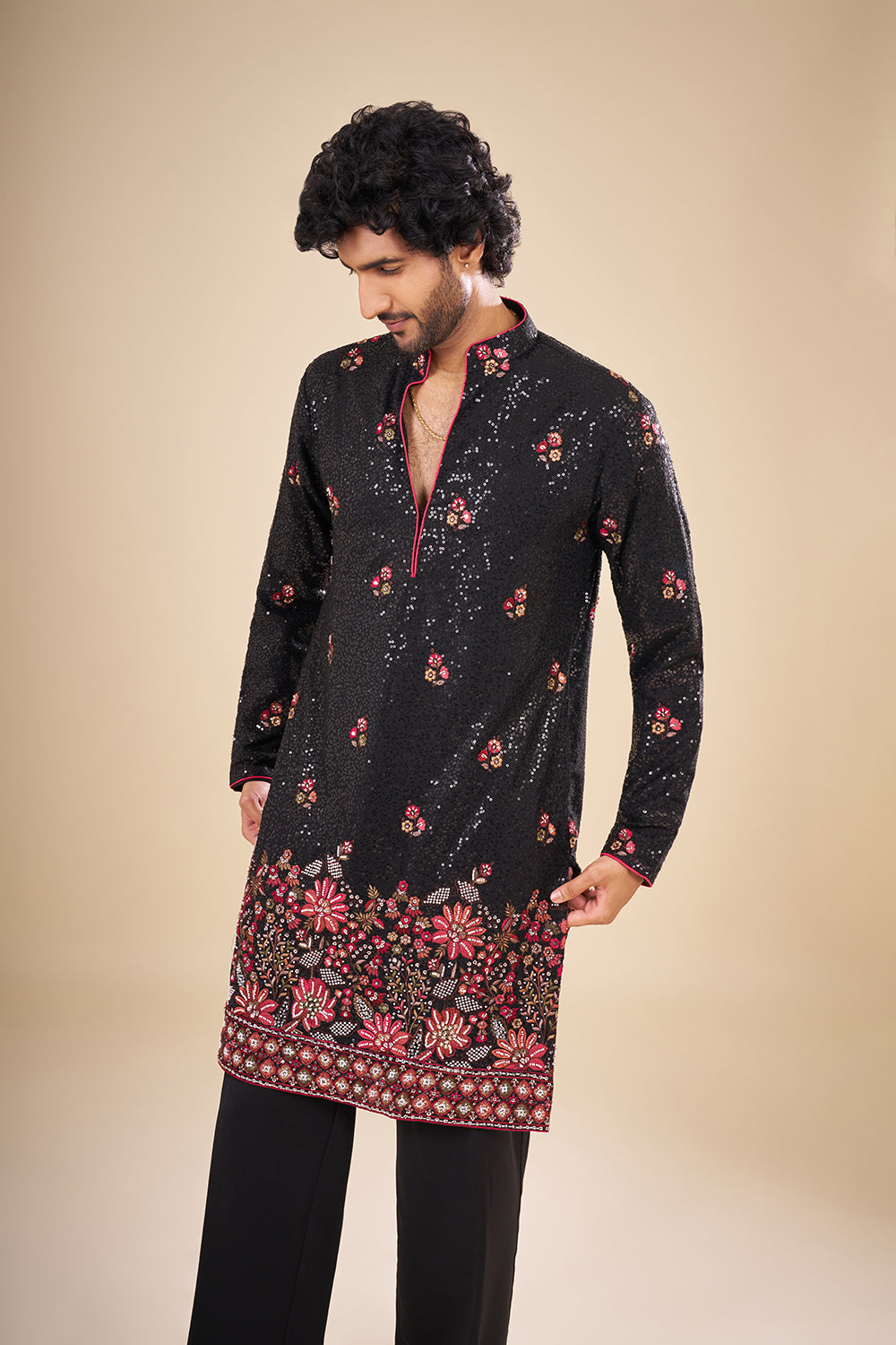 Black Silk Kurta Set with Sequin Work