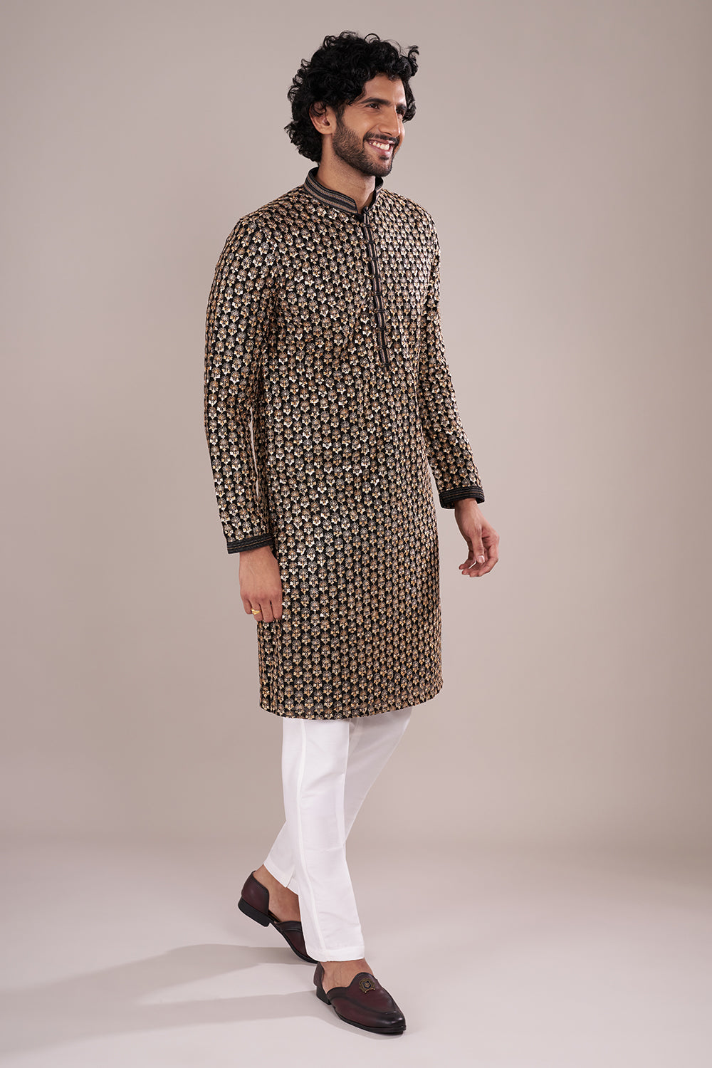 Black Silk Men's Kurta Set with Sequin Work