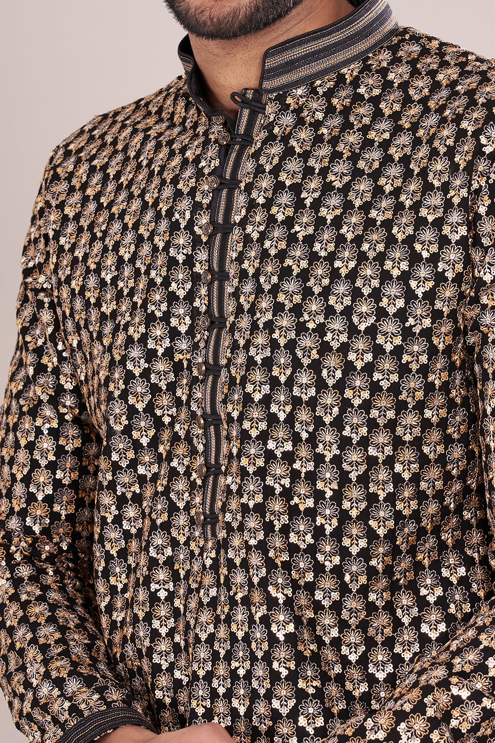 Black Silk Men's Kurta Set with Sequin Work