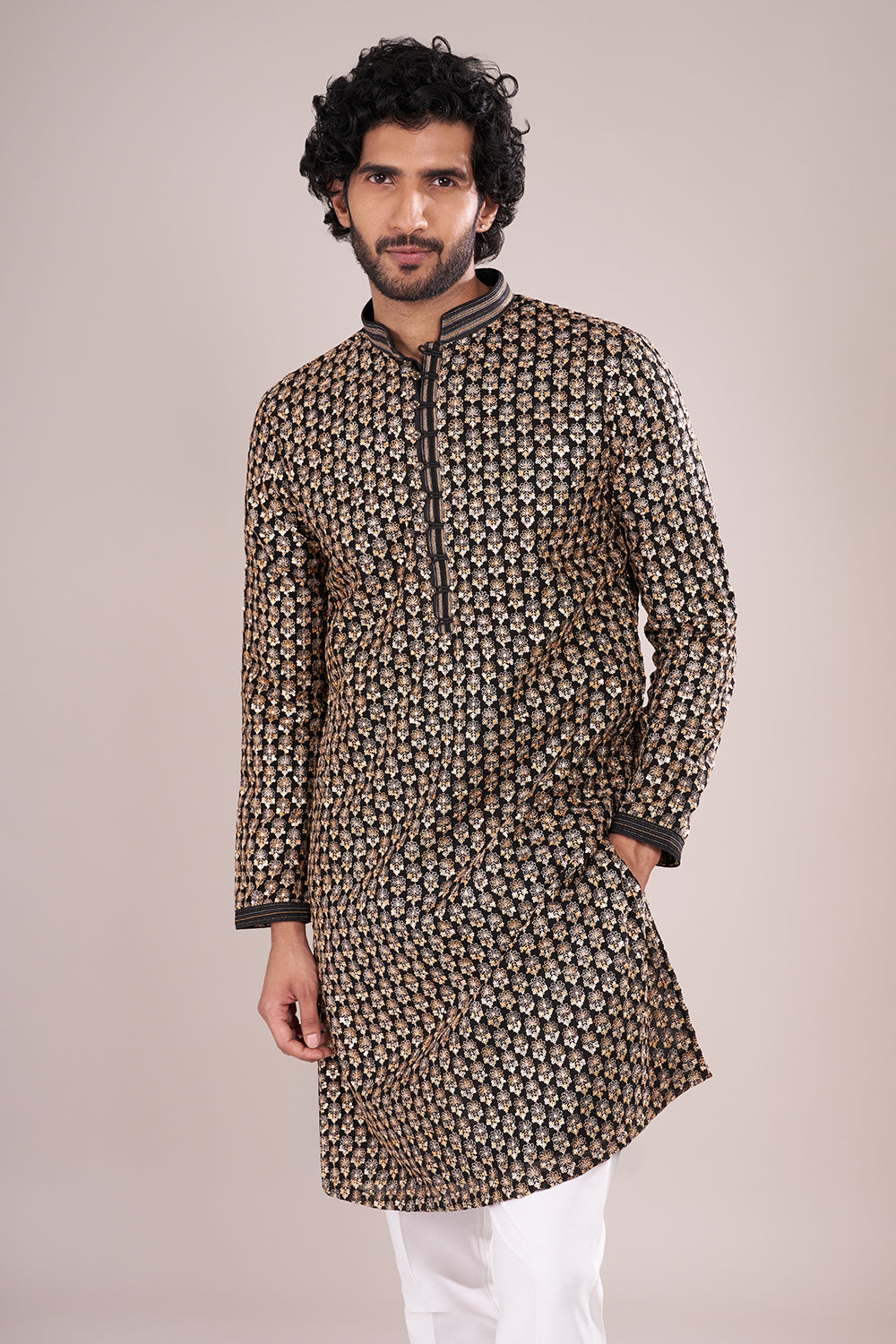 Black Silk Men's Kurta Set with Sequin Work