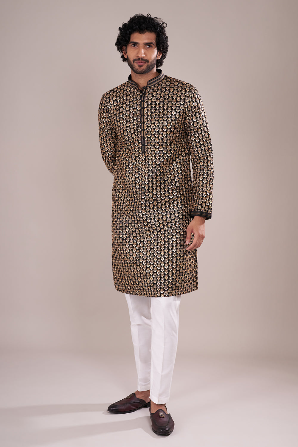 Black Silk Men's Kurta Set with Sequin Work