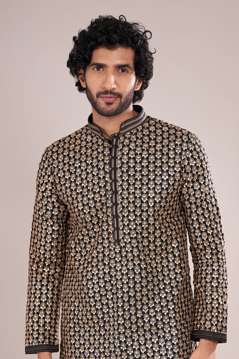 Black Silk Men's Kurta Set with Sequin Work