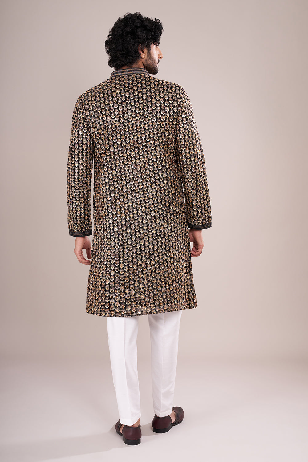 Black Silk Men's Kurta Set with Sequin Work
