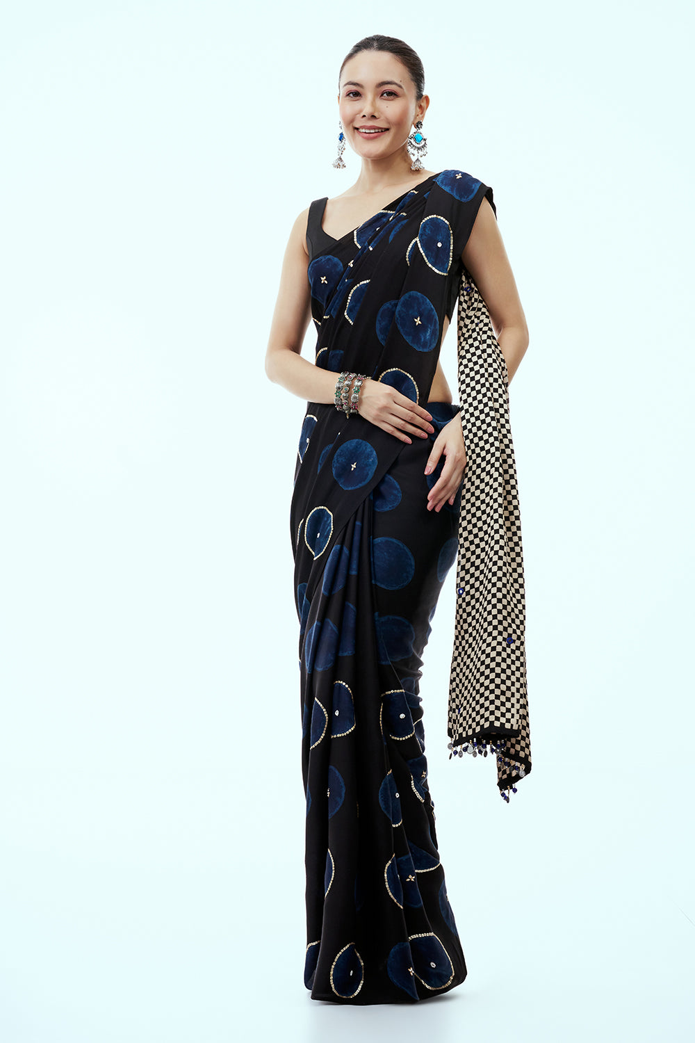 Black Silk Print Saree with Royal Blue Motifs and Unstitched Ajrakh Blouse