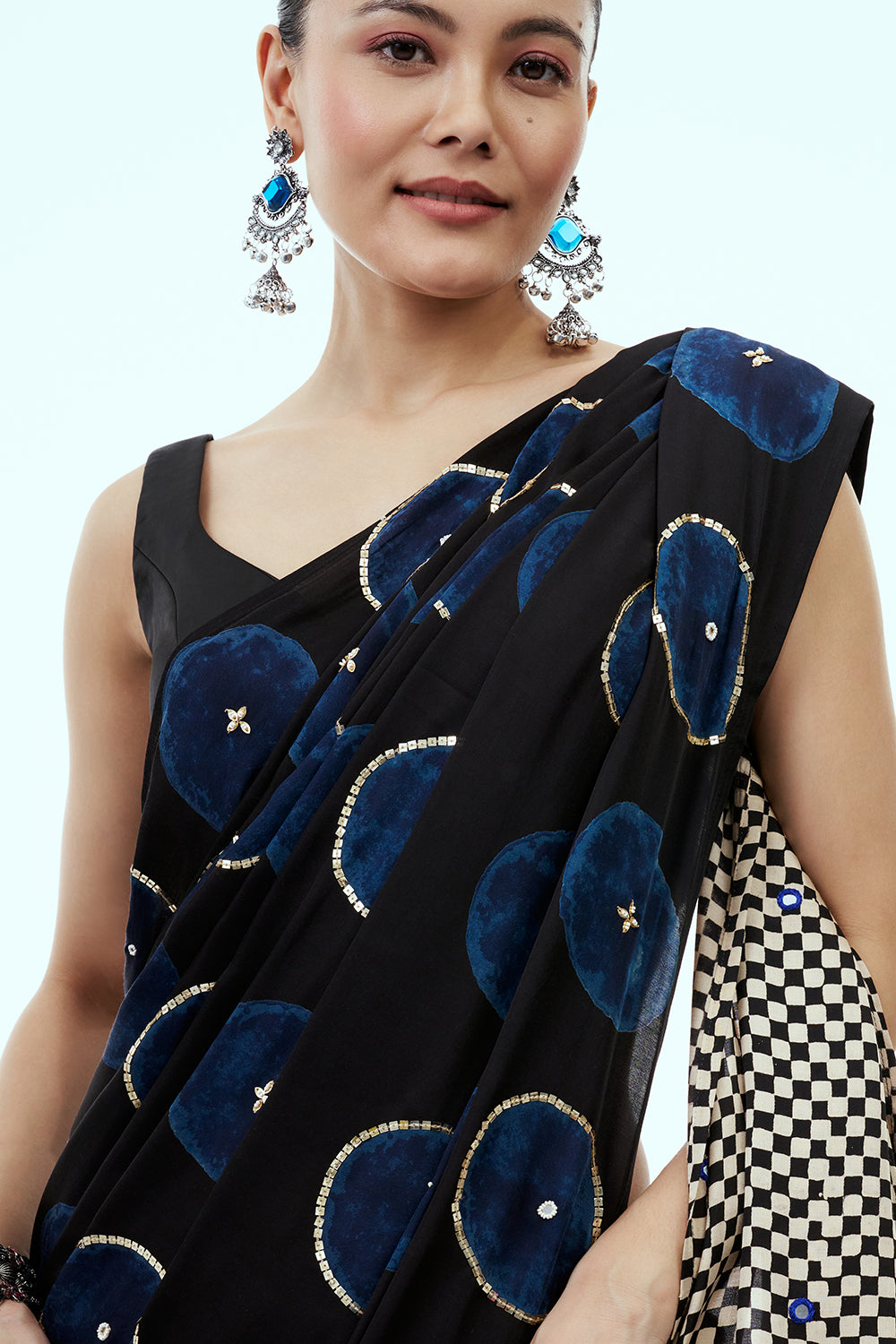 Black Silk Print Saree with Royal Blue Motifs and Unstitched Ajrakh Blouse