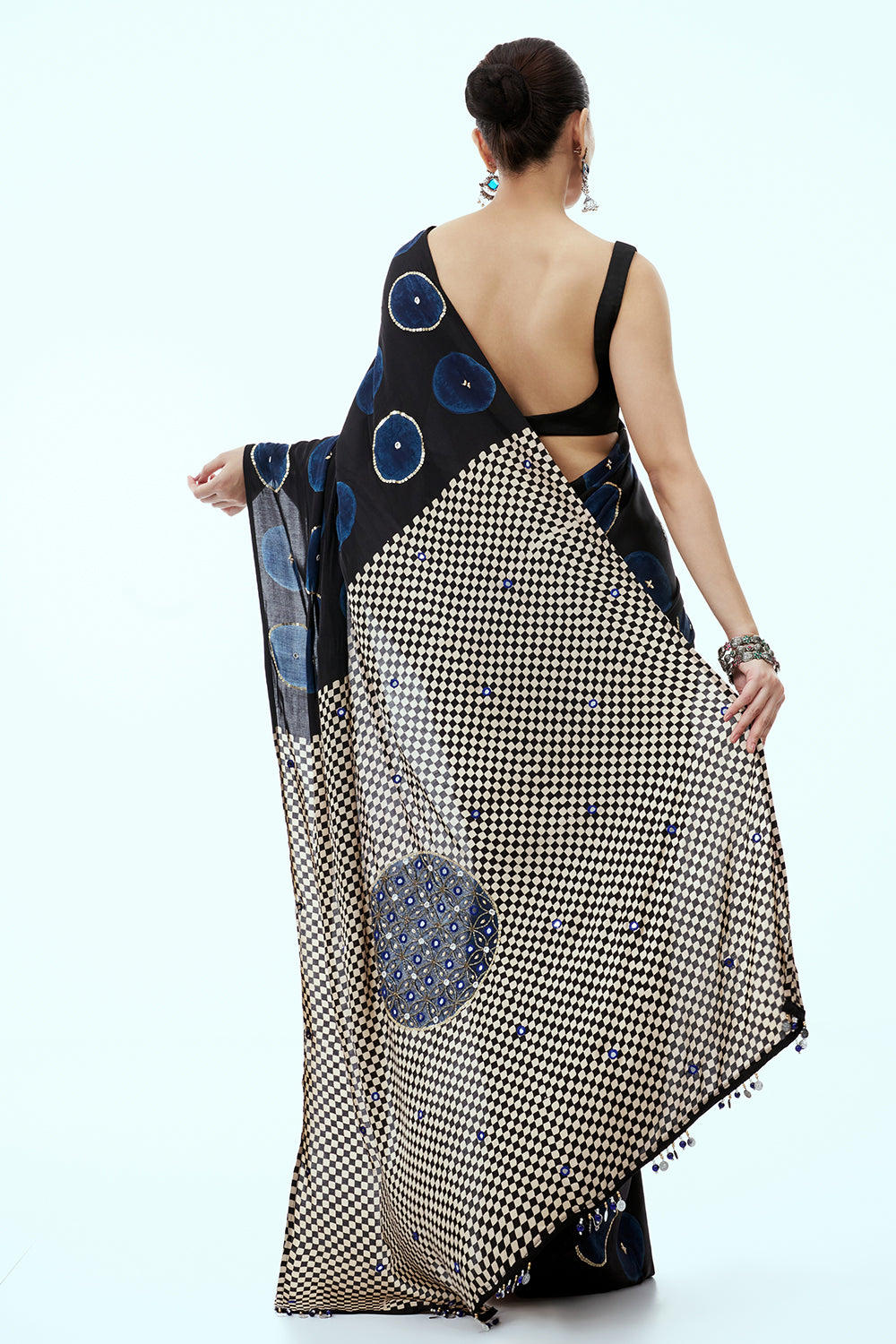 Black Silk Print Saree with Royal Blue Motifs and Unstitched Ajrakh Blouse