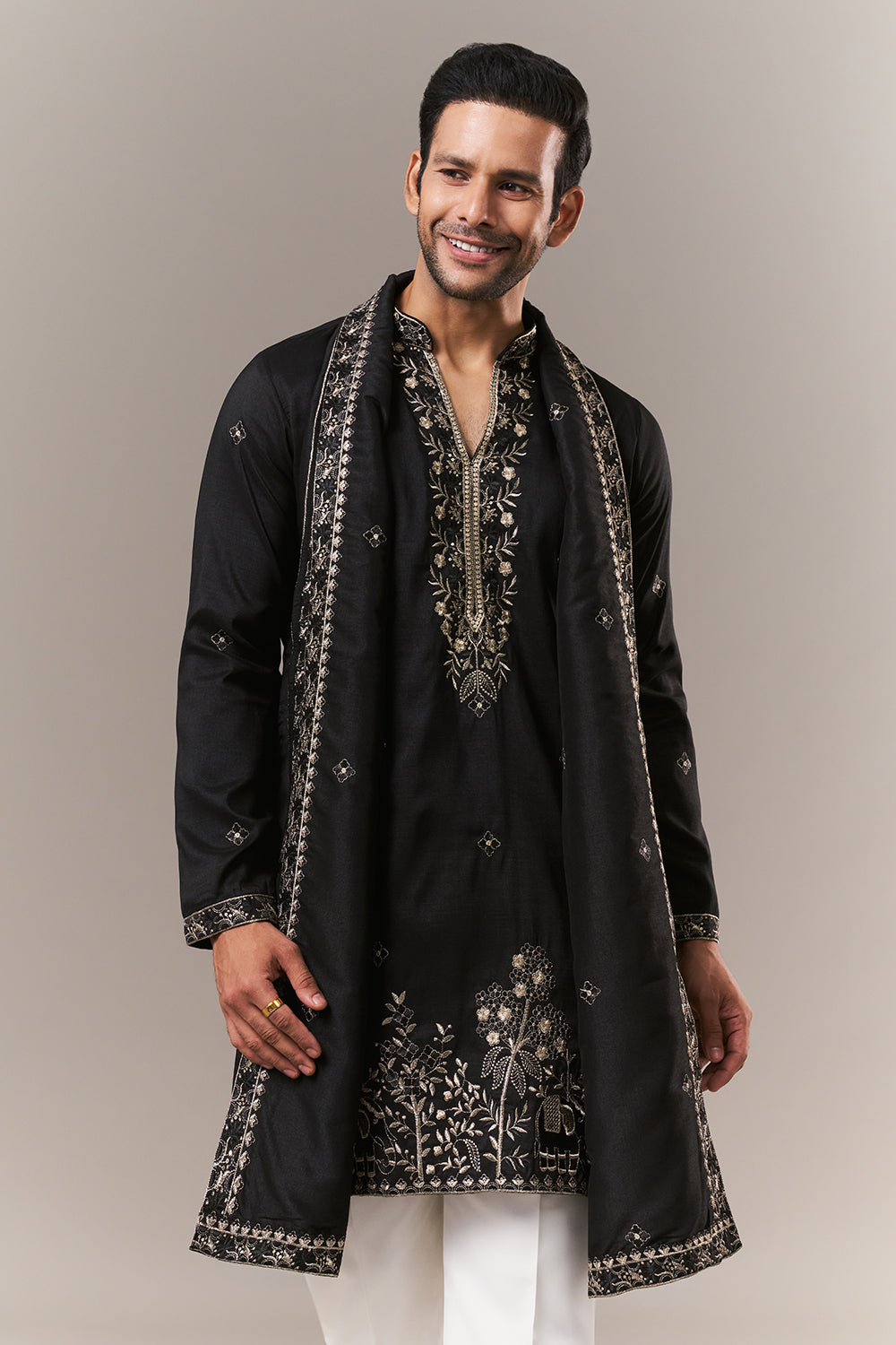 Black Tissue Mens Kurta Set with Zardosi and Sequins Work