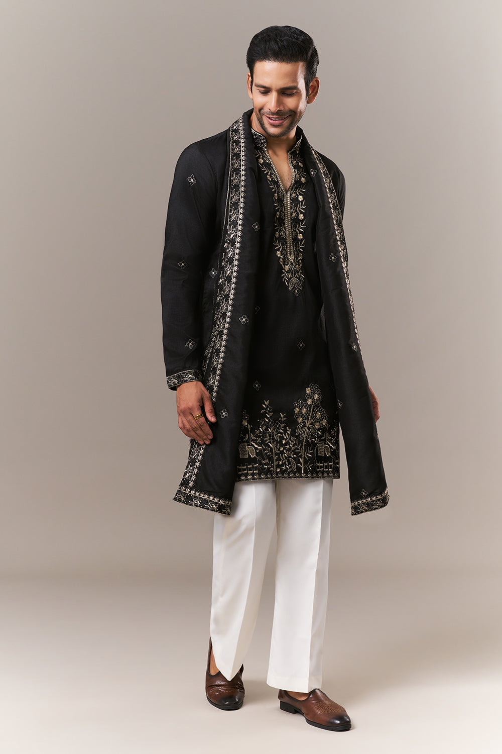 Black Tissue Mens Kurta Set with Zardosi and Sequins Work