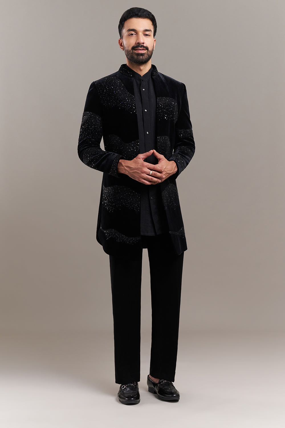 Black Velvet Abstract Wave Men's Indo-Western Set