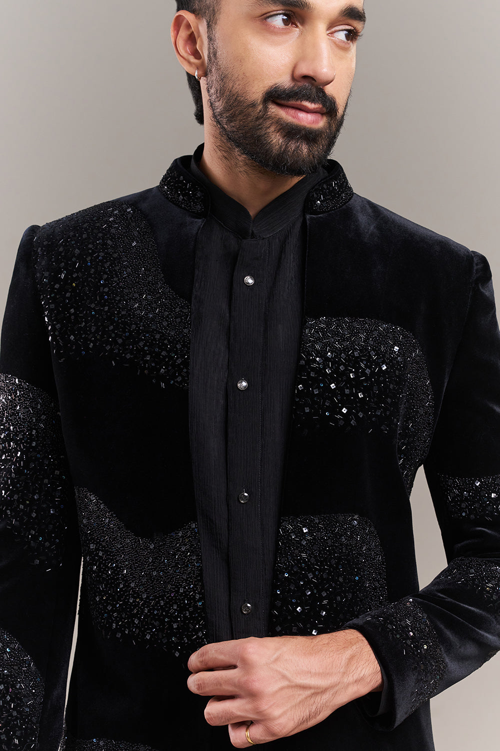 Black Velvet Abstract Wave Men's Indo-Western Set