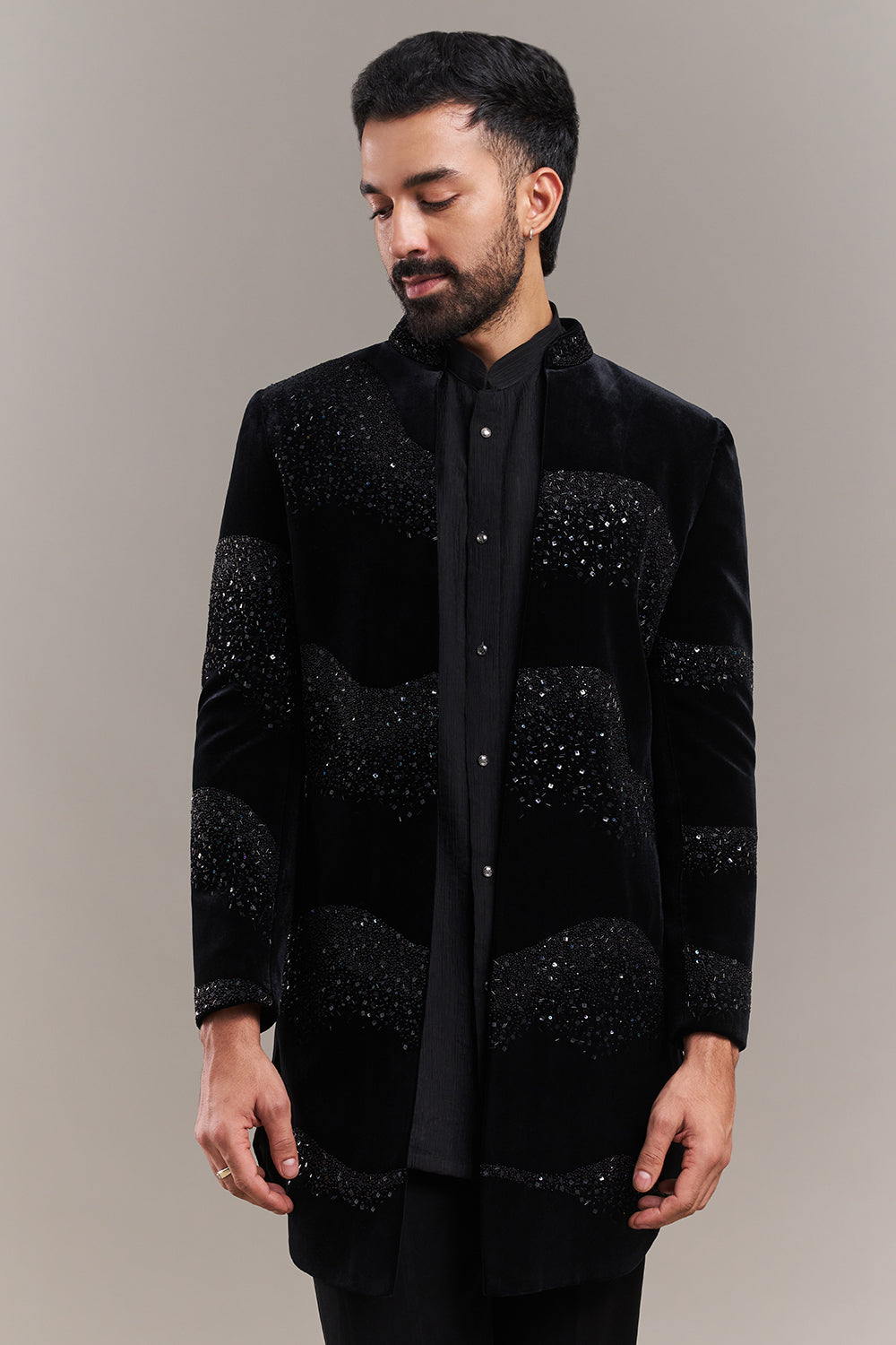 Black Velvet Abstract Wave Men's Indo-Western Set