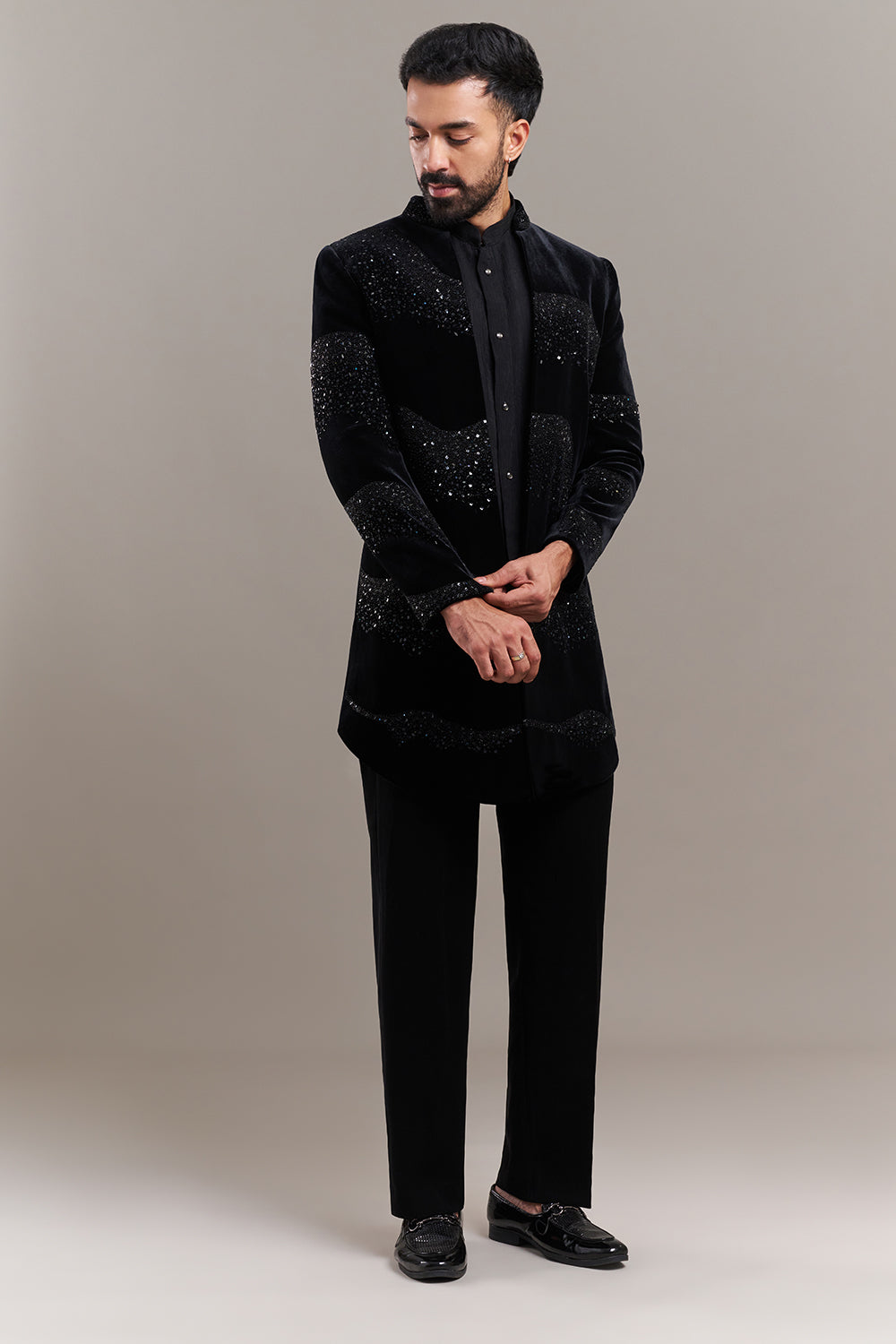 Black Velvet Abstract Wave Men's Indo-Western Set