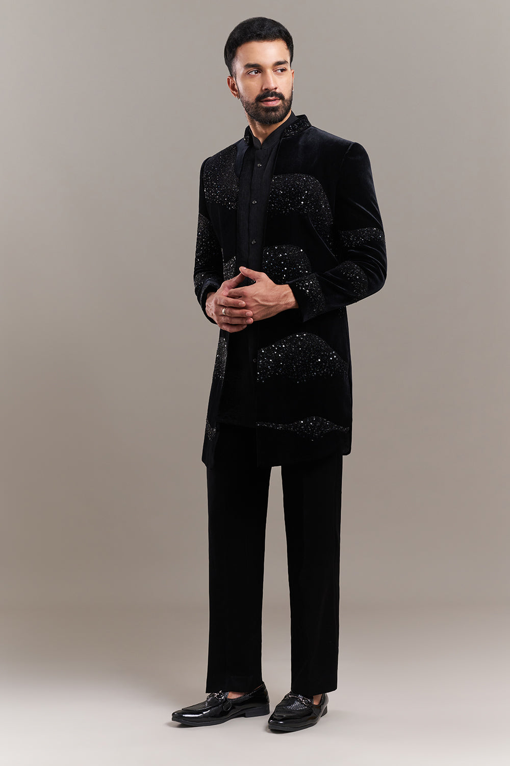 Black Velvet Abstract Wave Men's Indo-Western Set