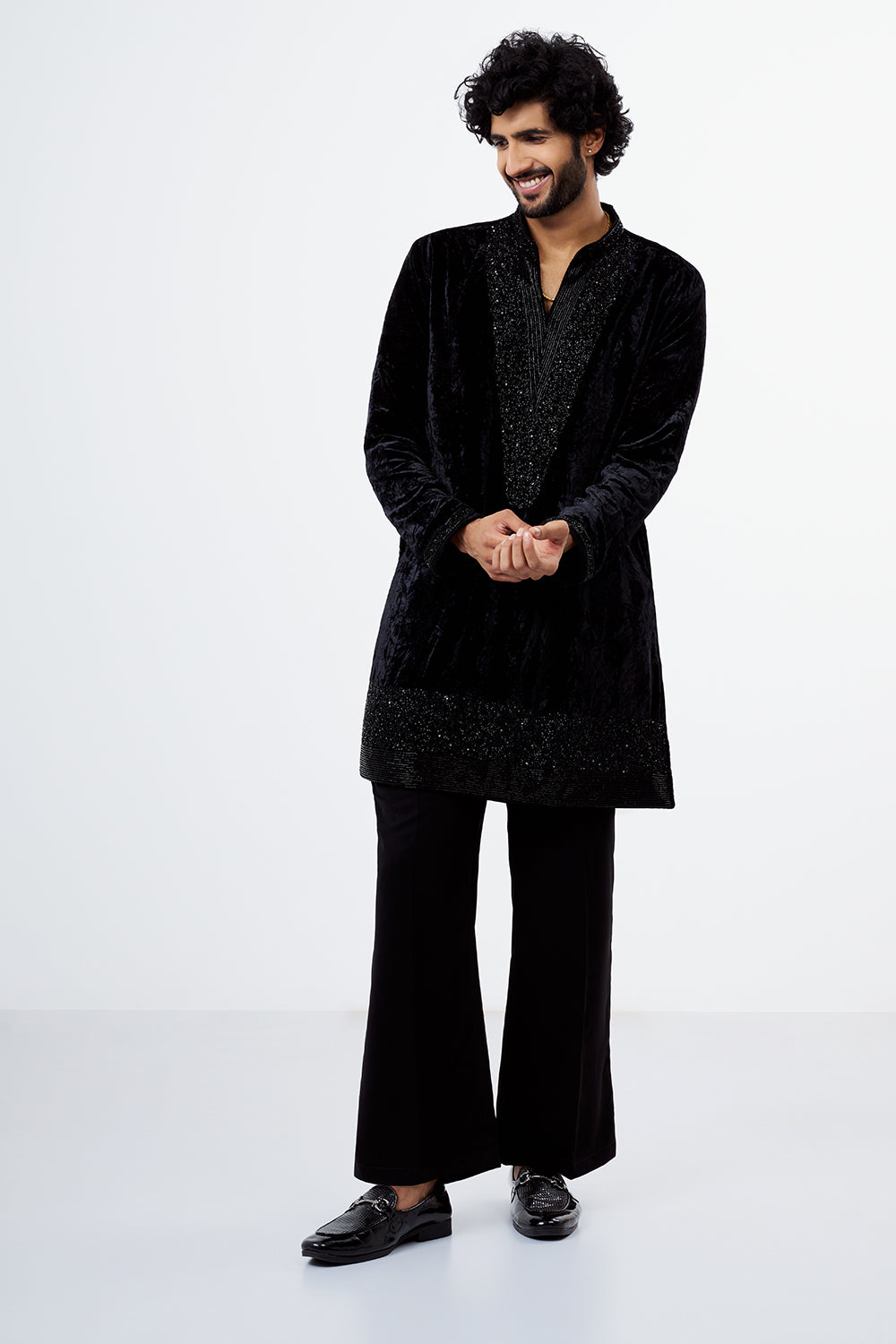 Black Velvet Cut Dana Work Men's Kurta Set