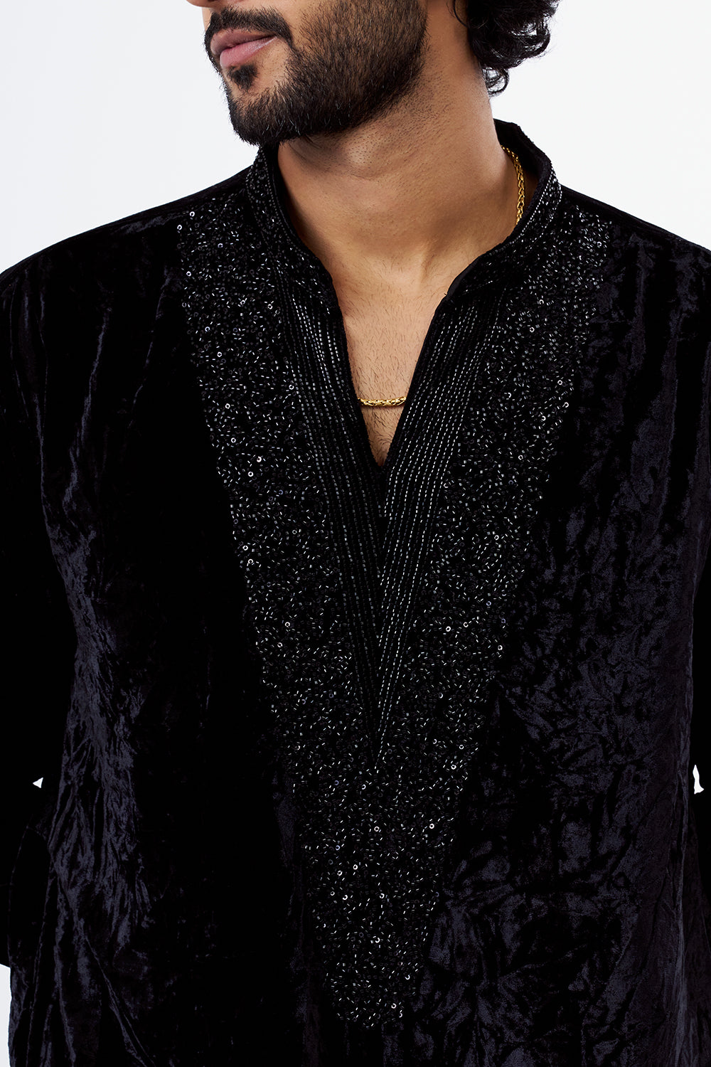 Black Velvet Cut Dana Work Men's Kurta Set