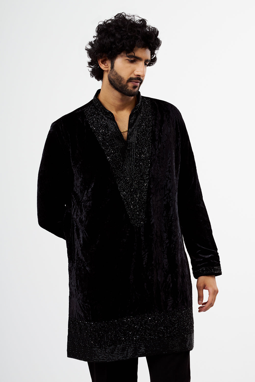 Black Velvet Cut Dana Work Men's Kurta Set