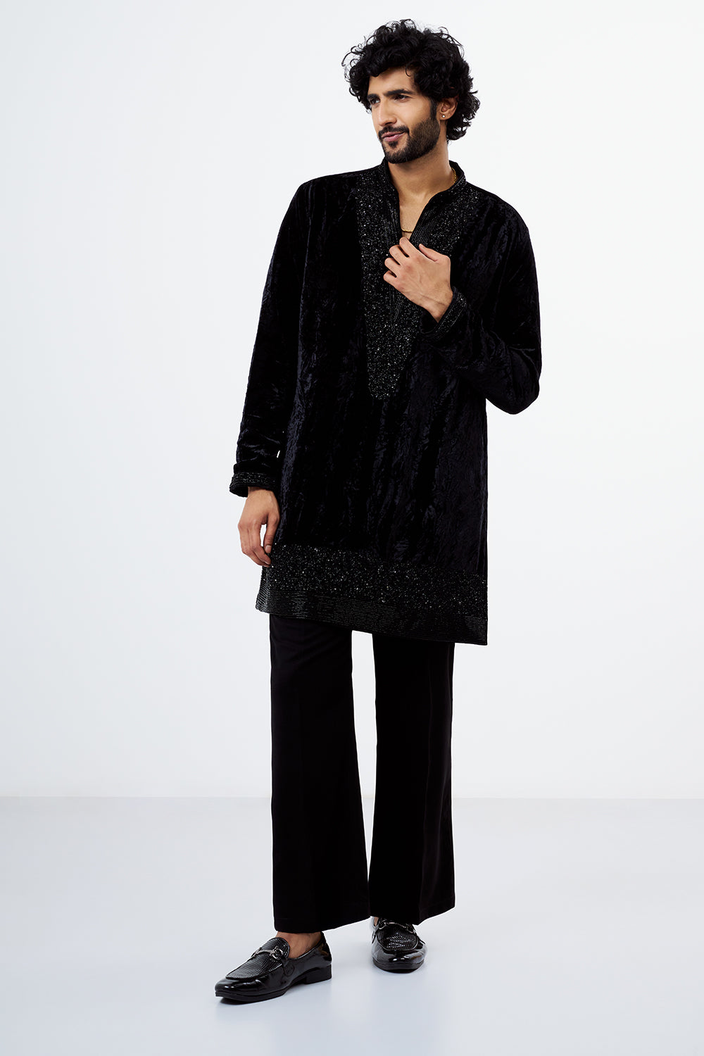 Black Velvet Cut Dana Work Men's Kurta Set