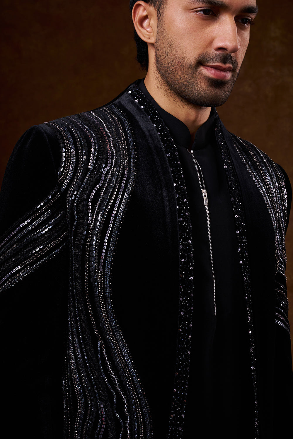 Black Velvet Men's Indo-Western Set with Sequin Work