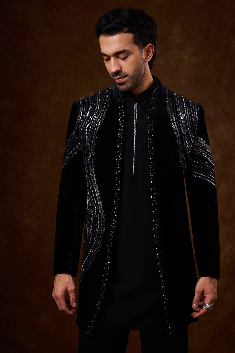 Black Velvet Men's Indo-Western Set with Sequin Work