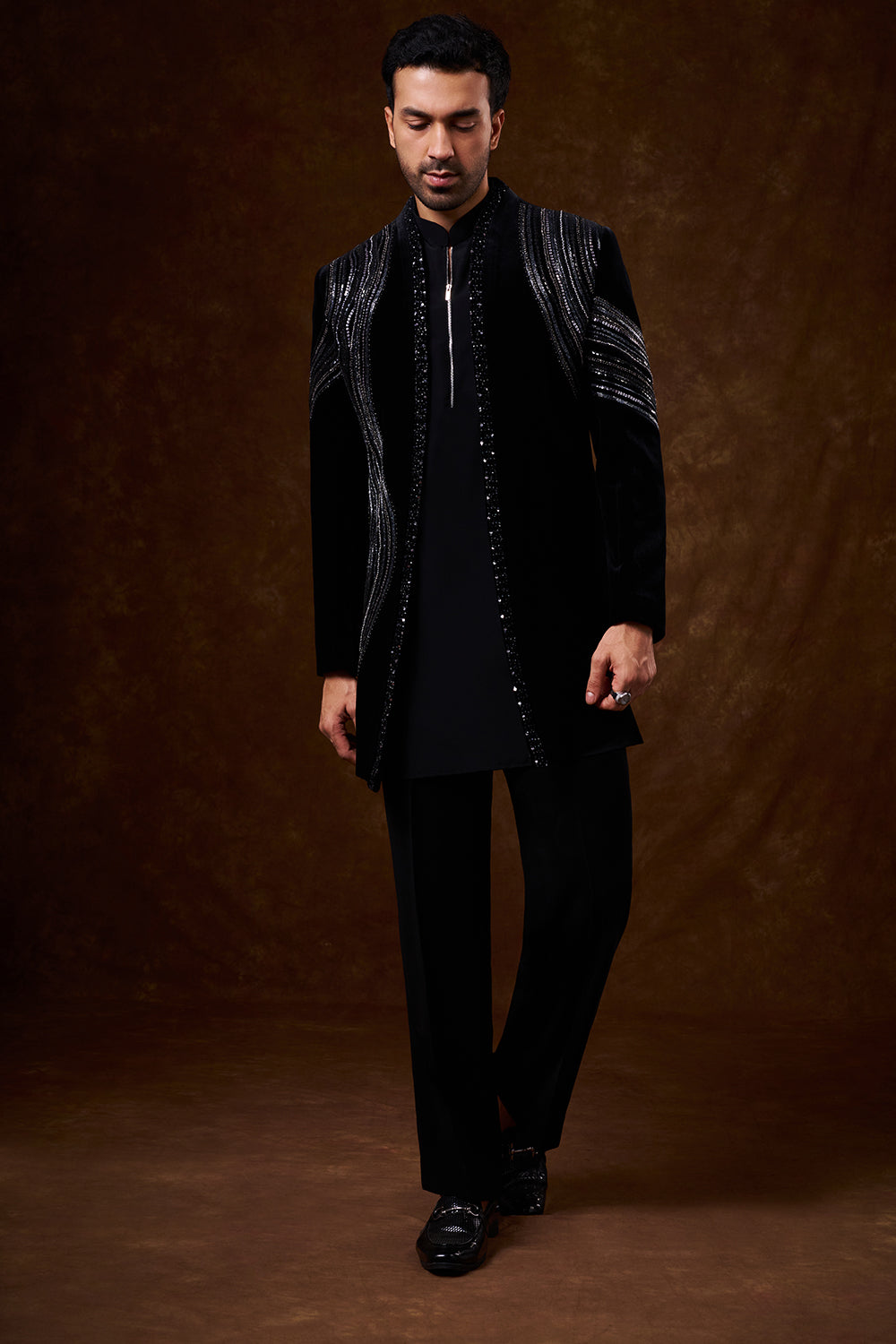 Black Velvet Men's Indo-Western Set with Sequin Work