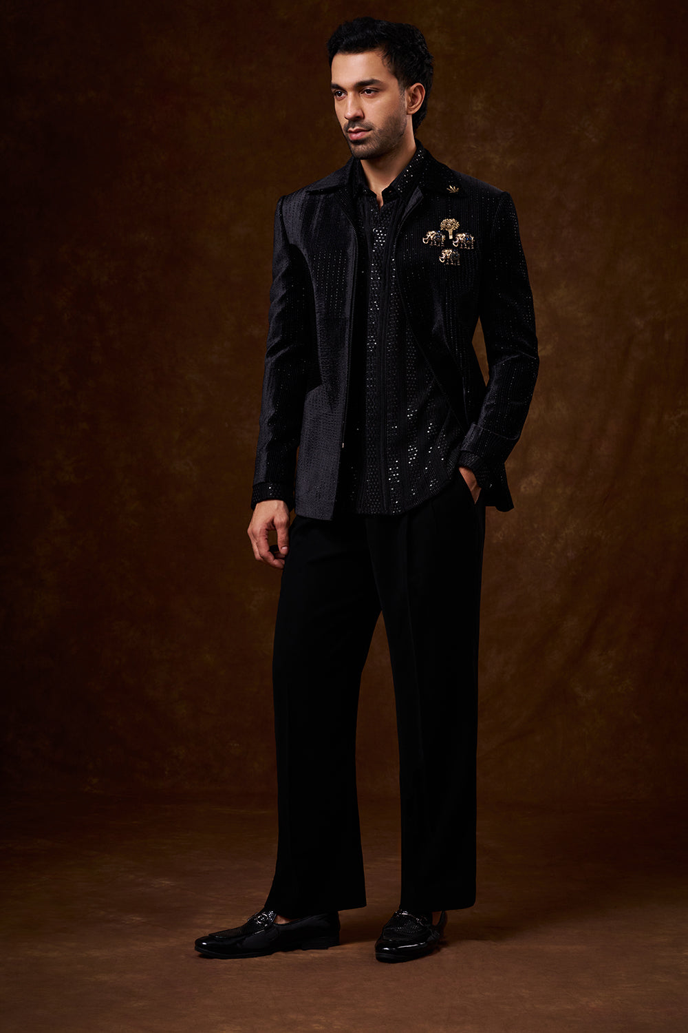 Black Velvet Men's Indo-Western Suit Set with Stone Work