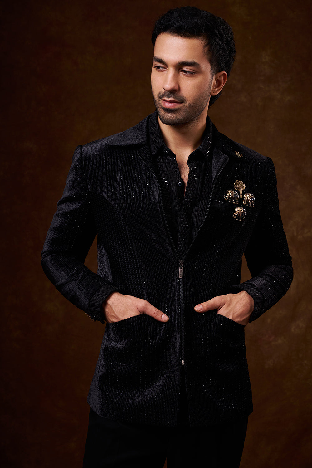 Black Velvet Men's Indo-Western Suit Set with Stone Work