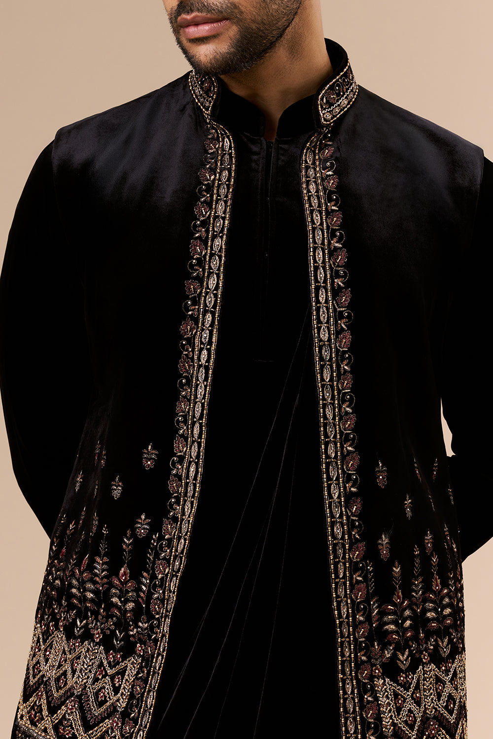 Black Velvet Mens Indo Western with Zardosi and Cut Dana Detailing