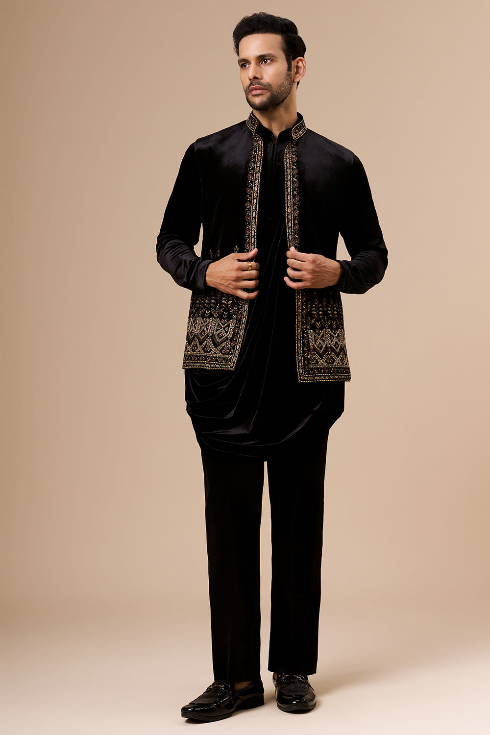 Black Velvet Mens Indo Western with Zardosi and Cut Dana Detailing
