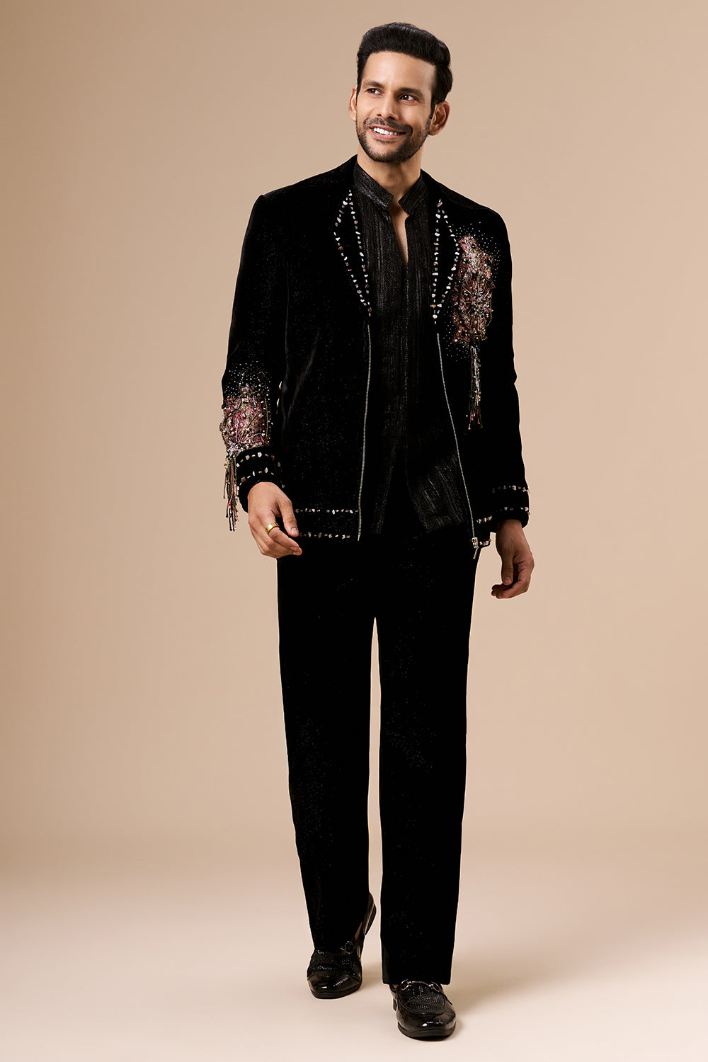 Black Velvet Shimmer Mens Indo Western with 3D Flowers and Beads