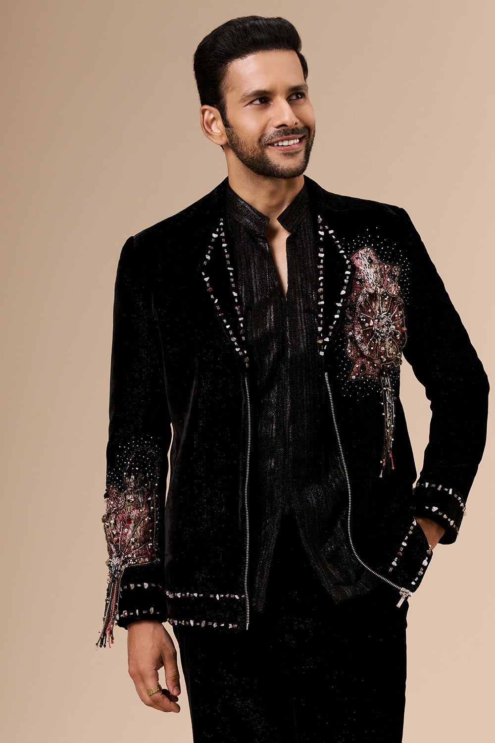 Black Velvet Shimmer Mens Indo Western with 3D Flowers and Beads
