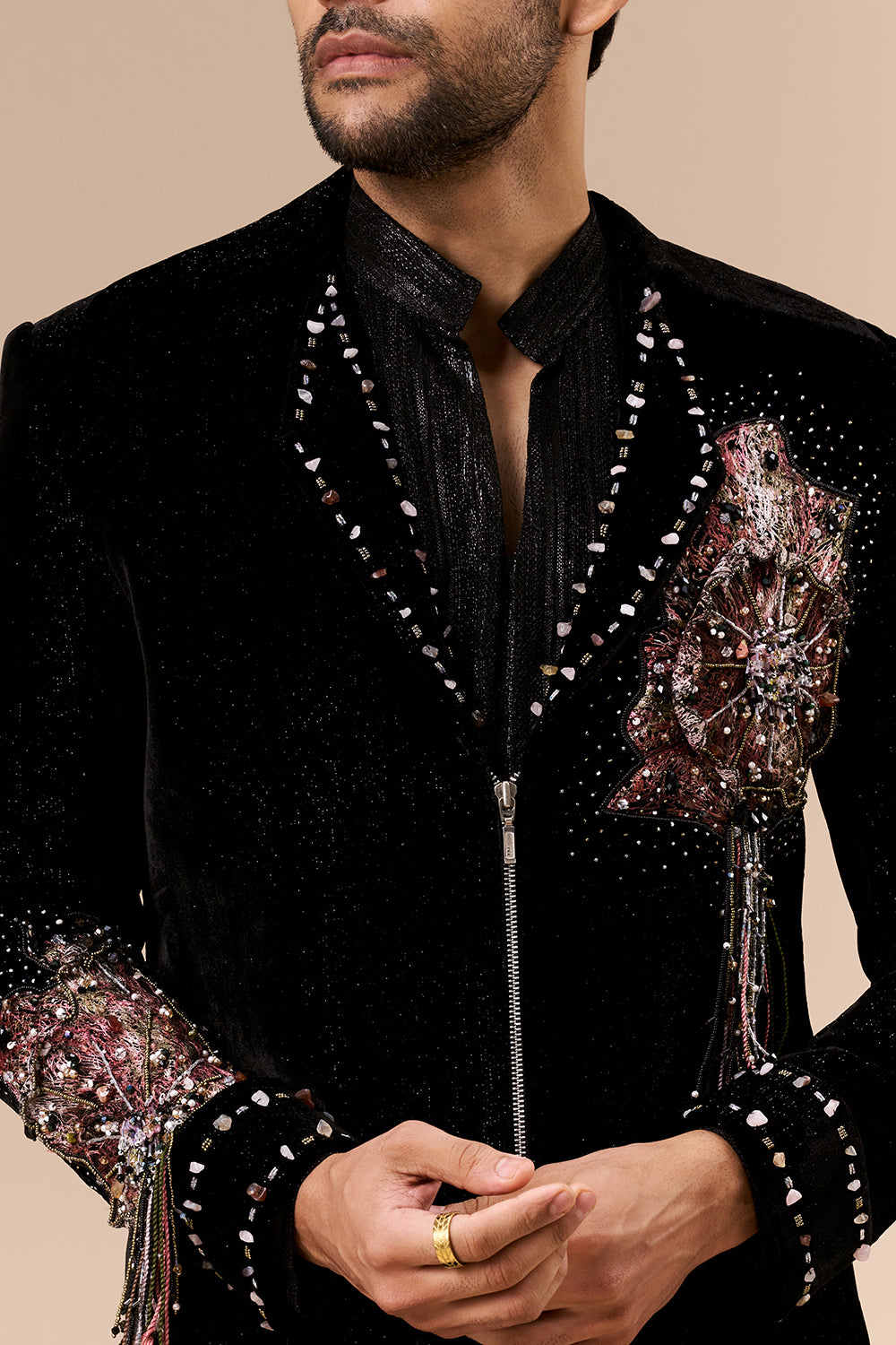 Black Velvet Shimmer Mens Indo Western with 3D Flowers and Beads