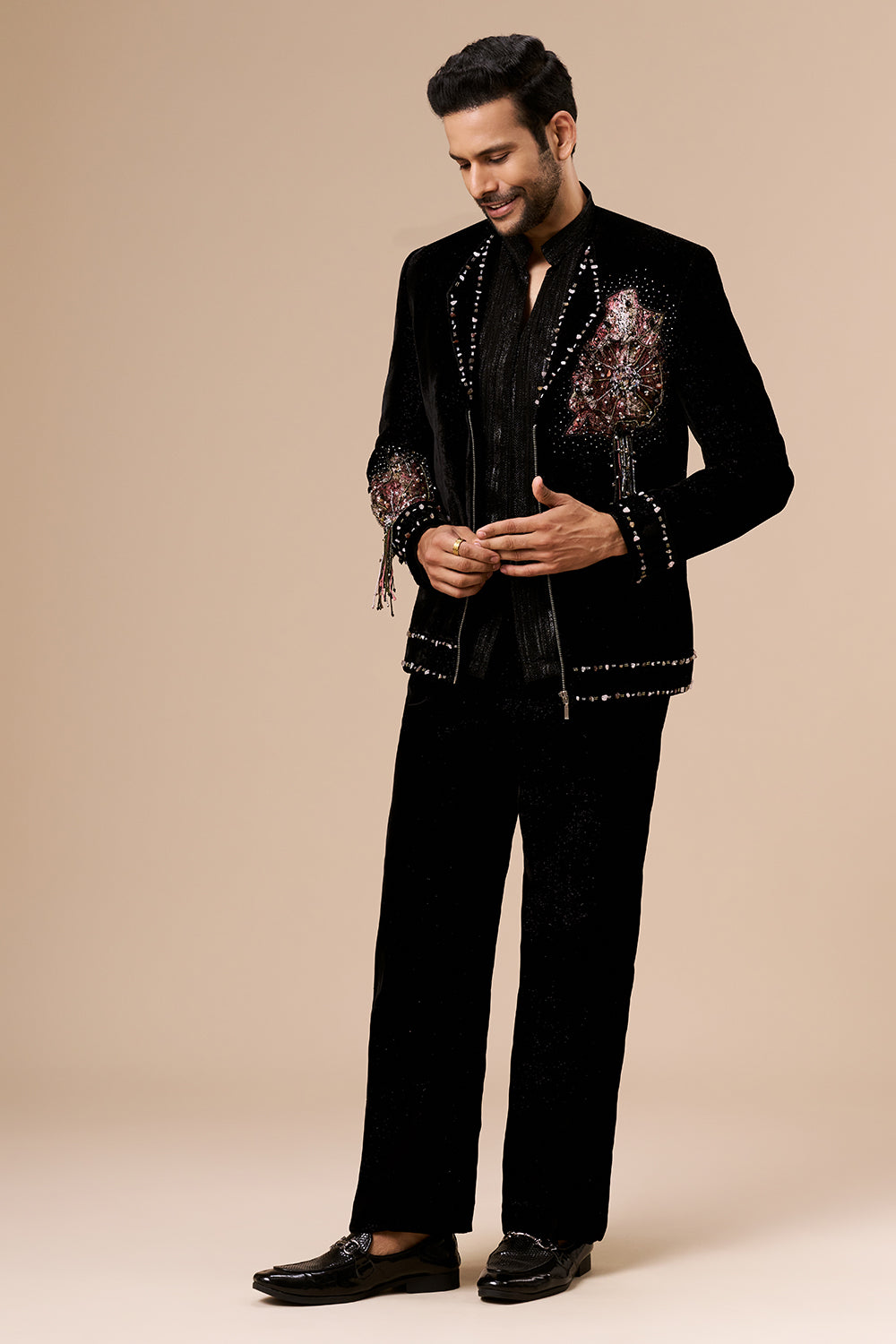 Black Velvet Shimmer Mens Indo Western with 3D Flowers and Beads