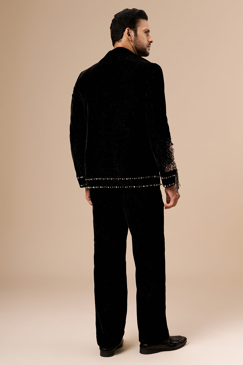 Black Velvet Shimmer Mens Indo Western with 3D Flowers and Beads